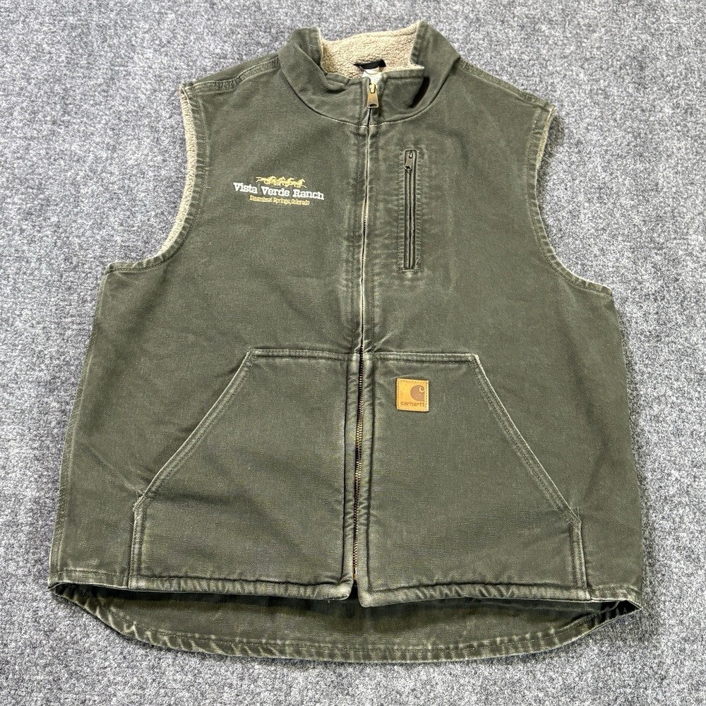 Vintage Carhartt Sherpa Lined Vest Men's Medium Green Full Zip Workwear V33 MOS